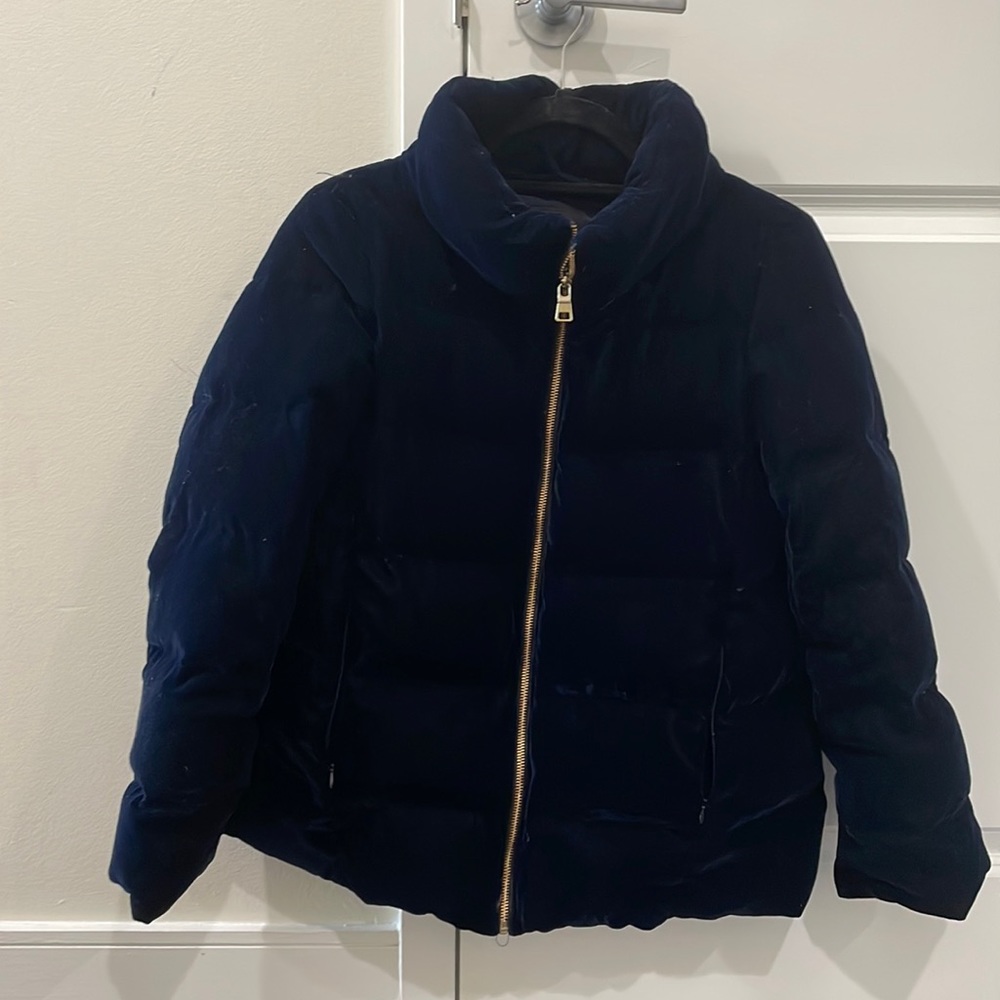 Zara velvet navy puffer jacket with gold zipper